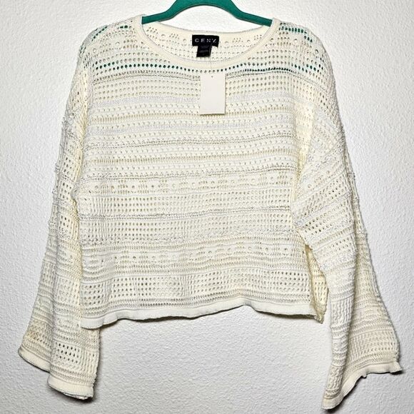 Ceny off white knit/ crochet large boho pattern flare sleeve see-through top NWT - Picture 1 of 14